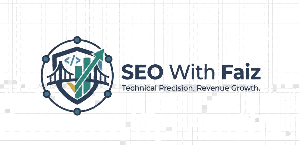 SEO With Faiz logo — technical SEO and revenue growth services; shield mark with code, bridge, and growth chart (transparent PNG for light mode).